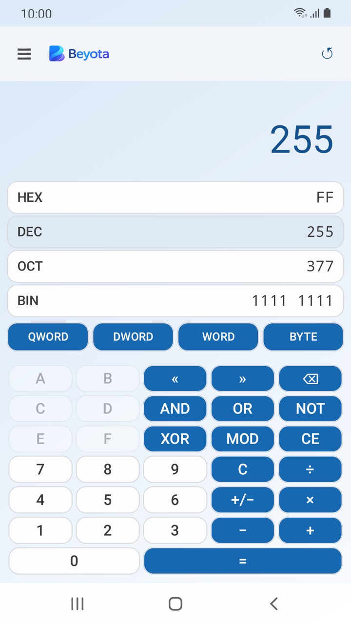 Programmer calculator with live hexadecimal, decimal, octal and binary values, shown on Android