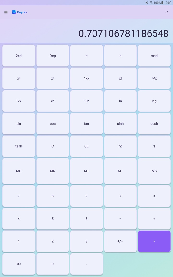 Scientific calculator on an Android tablet with an aurora theme, showing trigonometric and logarithmic keys