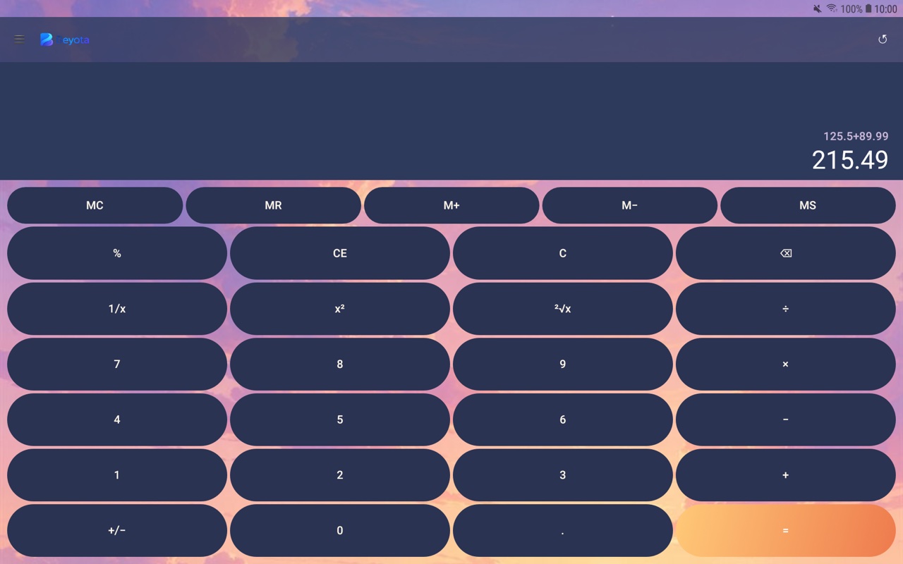 Beyota's Standard calculator in landscape on an Android tablet, with the Dusk Bay photo theme