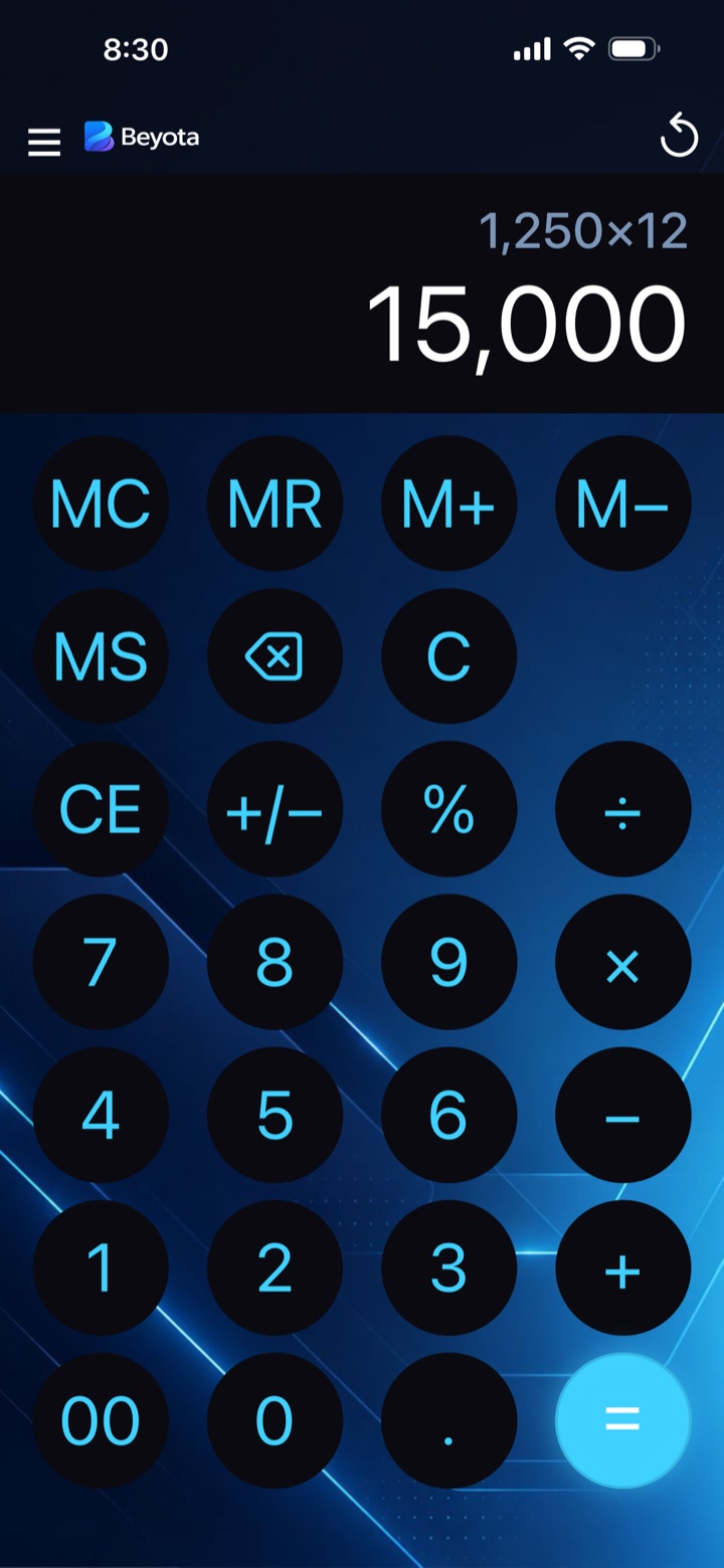 Beyota on iOS, with Cyber Pulse's electric blue background and circular keys