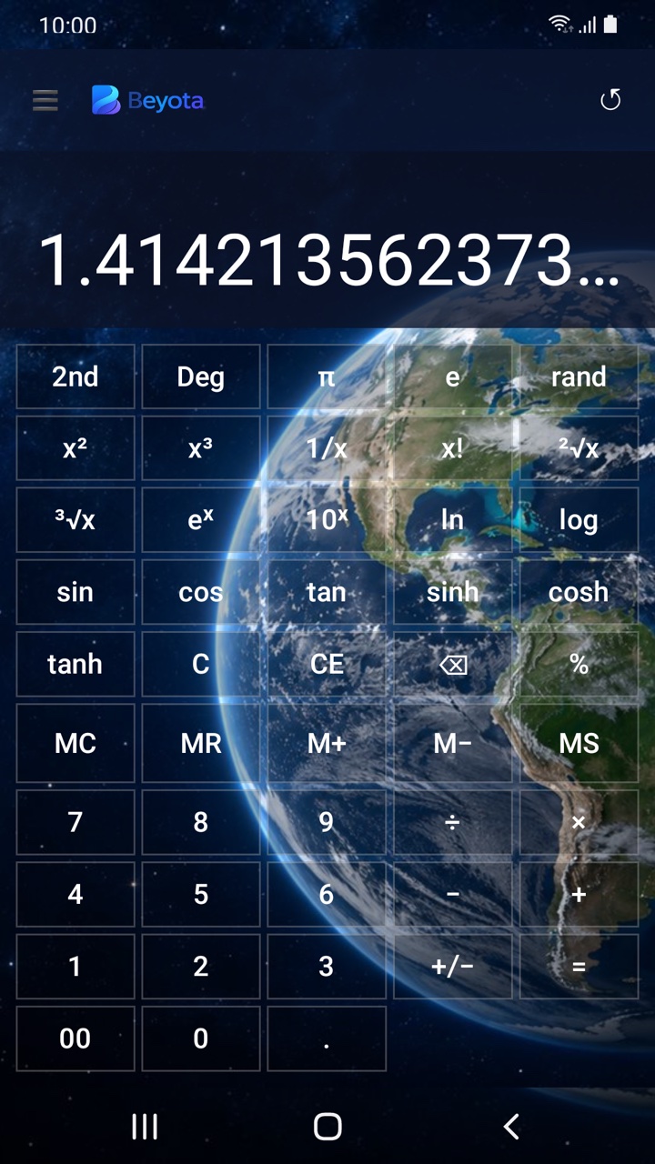 Beyota's Scientific calculator on Android, with the Earth behind translucent keys