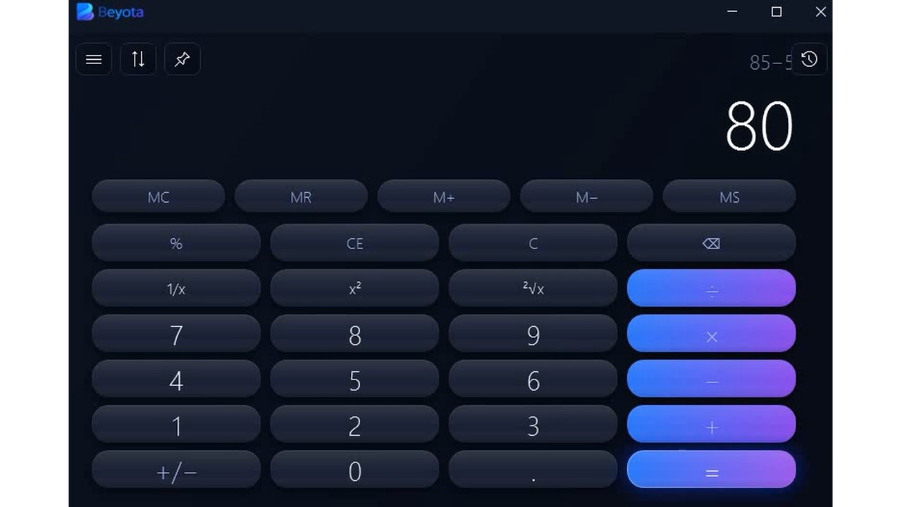Beyota for Windows in landscape, with dark raised keys and blue-purple operator keys